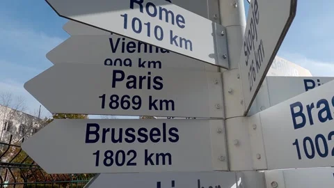 Signpost Displaying Distances to Major Cities Against a Clear Sky Stock Footage 315790521