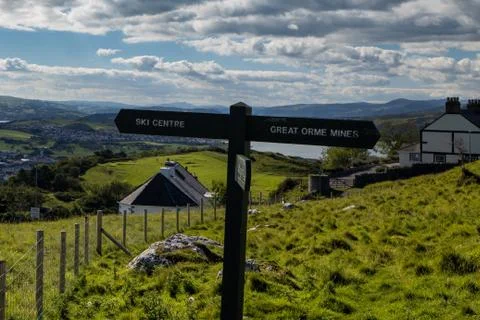 A signpost on the Great Orme mountain in Llandudno Stock Photos