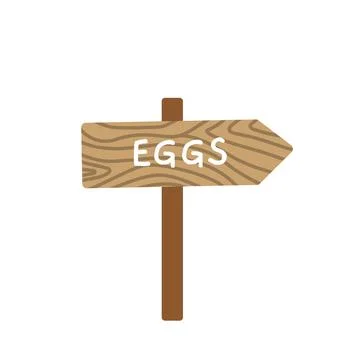 Signpost. Guidepost. Wooden easter pointer. Arrow. Eggs. Brown. Flat, cartoon Stock Illustration