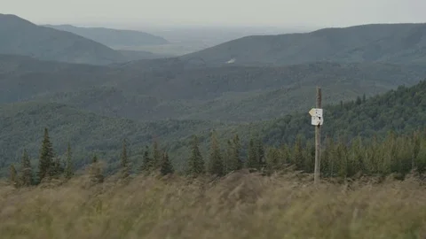 Signpost of hiking trails indicating the direction on the background of mountain Vídeos de archivo 77619631