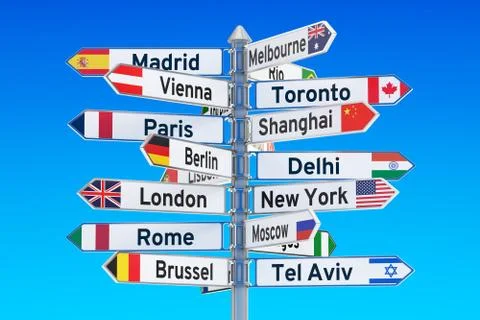 Signpost with names of cities, 3D rendering Illustrazione stock
