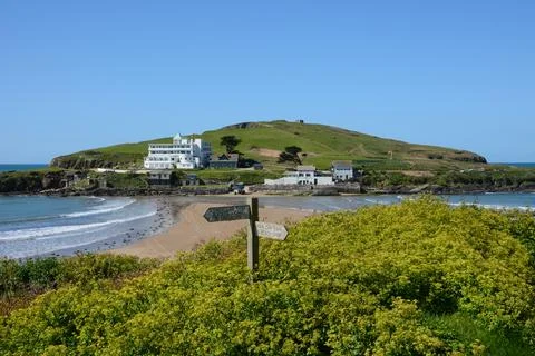 Signpost overlooking Burgh Island in Devon Stock Photos