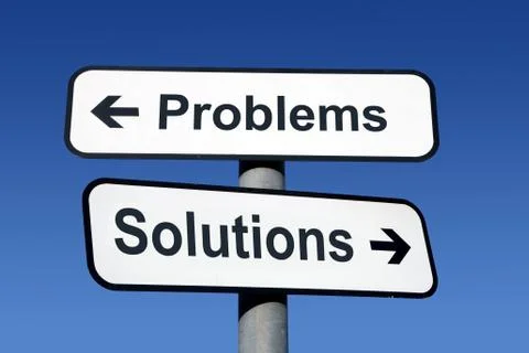 Signpost pointing to problems and solutions. Fotos Stock