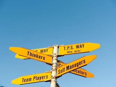 Signpost with range of human attributes on yellow signs point in different .. Foto stock