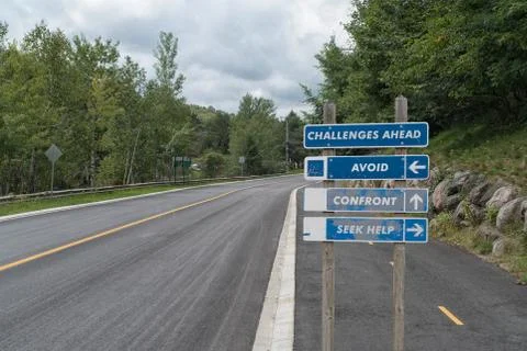 Signpost on side road warning challenges ahead and three options, decision co Foto stock