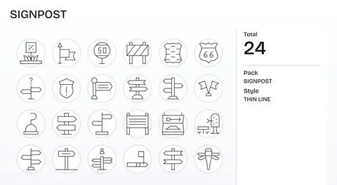 Signpost Vector Icon Set with 24 Thin Line 256x256 Detail Enhanced Graphics Stock Illustration