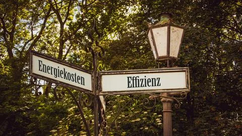 Signposts the direct way to Efficiency versus Energy Cost Stock Photos