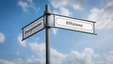 Signposts the direct way to Efficiency versus Energy Cost Stock Photos