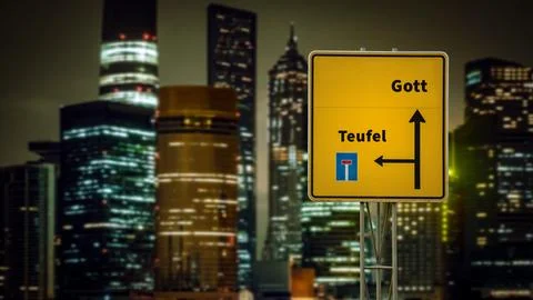 Signposts the direct way to God versus Devil 스톡 사진