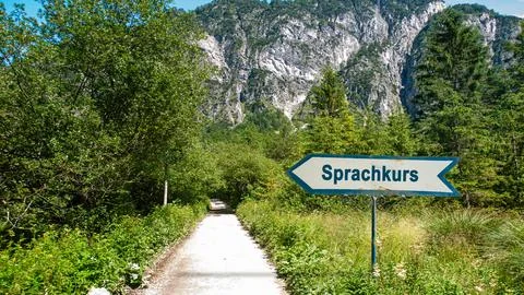 Signposts the direct way to Language course Foto stock