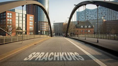 Signposts the direct way to Language course Foto stock