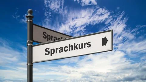 Signposts the direct way to Language course Foto stock