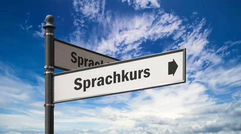 Signposts the direct way to Language course - Bildmontage An image with a ... Foto stock