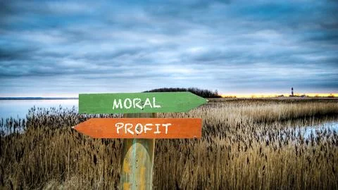 Signposts the direct way to morality versus profit Stock Photos