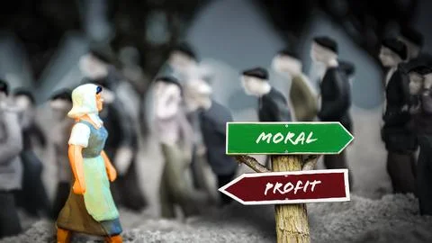 Signposts the direct way to morality versus profit 스톡 사진