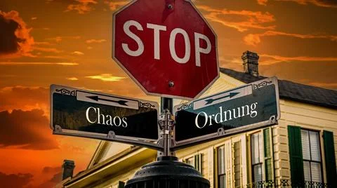Signposts the direct way to order versus chaos - BILDMONTAGE An image with... Stock Photos