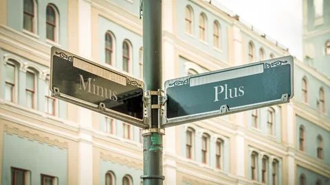 Signposts the direct way to plus versus minus Stock Photos