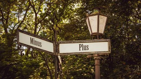 Signposts the direct way to plus versus minus - BILDMONTAGE An image with ... Stock Photos