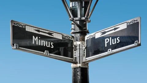 Signposts the direct way to plus versus minus Stock Photos