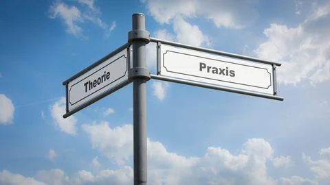 Signposts the direct way to practice versus theory Foto stock