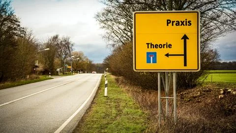Signposts the direct way to practice versus theory Stock Photos