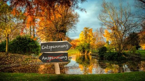 Signposts the direct way to Relaxation versus Stress Stock Photos