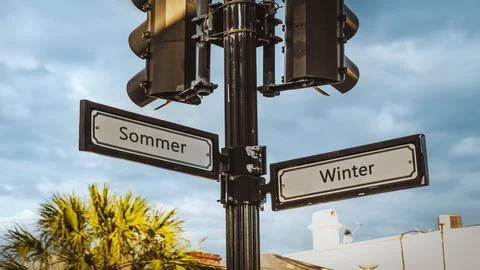 Signposts the direct way to winter versus summer Stock Photos