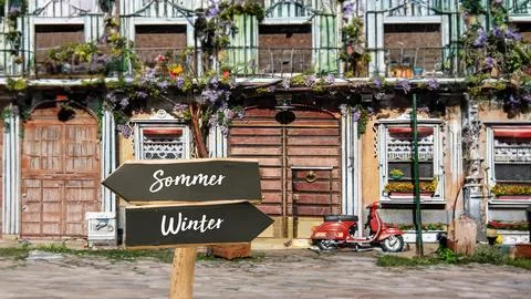 Signposts the direct way to winter versus summer Stock Photos
