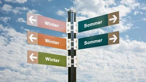 Signposts the direct way to winter versus summer Stock Photos