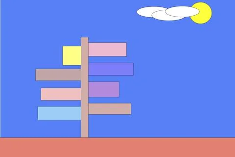 Signposts in eight directions, background sky, clouds and sun Stock Illustration