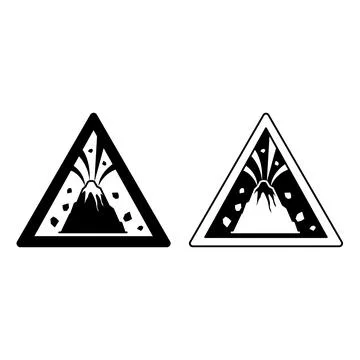 Signs Active Volcano Zone. Black and White Vector Icons. Prohibitory Road S.. Stock Illustration