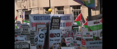 Signs and Huge Crowd Marching for Gaza on August 9 2014 London UK Stock Footage 144322514