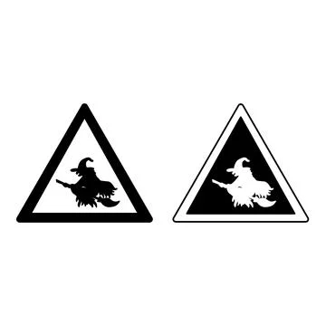 Signs Attention Witch Road. Warning Road Signs. Evil Witch Flying on a Broo.. Stock Illustration