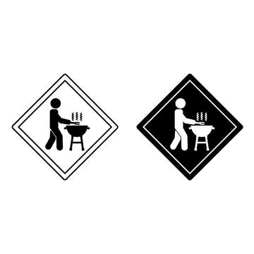 Signs BBQ Zone. Warning Road Signs. Grilling Meat Allowed. Man Cooking Food.. Stock Illustration