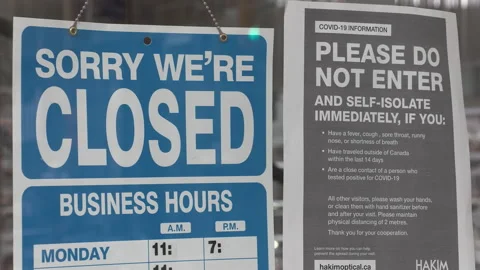Signs on closed retail stores in devastating COVID pandemic recession Stock Footage 147958126
