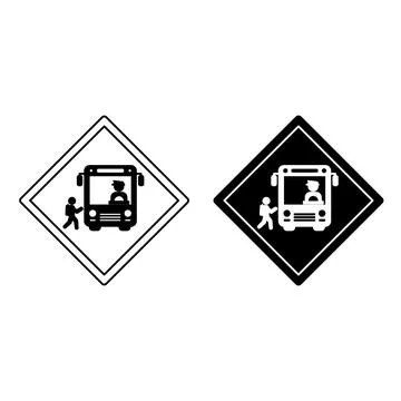 Signs School Bus Warning. Road Sign. Bus Stop. Schoolboy Entering School Bu.. Stock Illustration