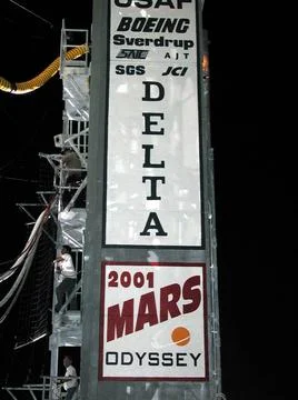 Signs on the side of the launch tower at Launch Complex 17, Cape Canaveral... Stock Photos