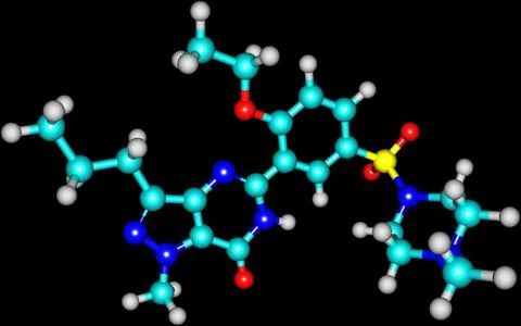 Sildenafil molecular structure isolated on black Illustrazione stock