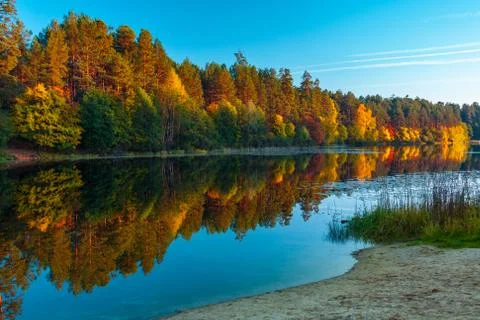 Silence at the forest lake at sunset, with reflection of sky and forest on a  Stock Photos