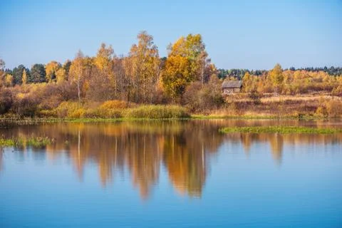 Silence at the forest lake at sunset, with reflection of sky and forest Stock Photos