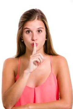 Silence, no talking. Hispanic young woman expressions. Stock-Fotos