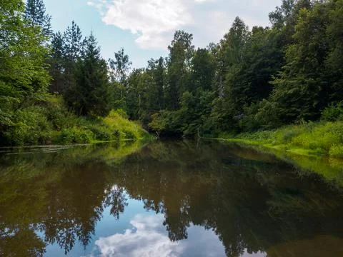 Silence on the river in the middle of the forest. Unique natural locations fa Stock Photos