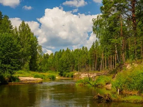 Silence on the river in the middle of the forest. Unique natural locations fa Stock Photos