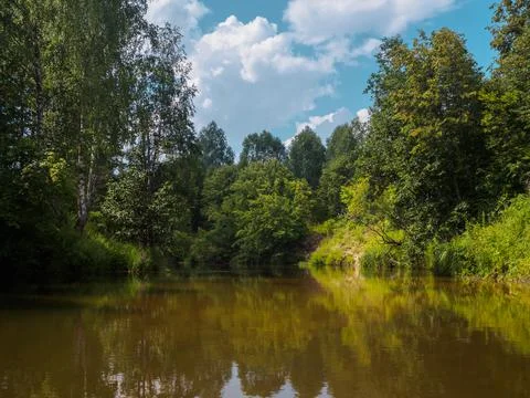 Silence on the river in the middle of the forest. Unique natural locations fa Stock Photos