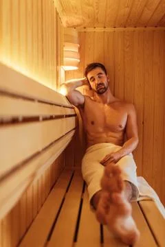 Silence time in a sauna Stock Photos