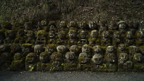 Silent Buddhist Stone Figures in Mossy Woodland Shrine Stock Footage 331557517