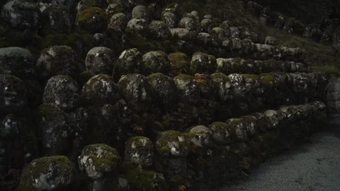 Silent Buddhist Stone Figures in Mossy Woodland Shrine Stock Footage 331557574