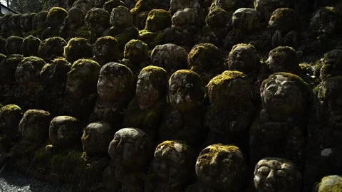Silent Buddhist Stone Figures in Mossy Woodland Shrine Stock Footage 331557633