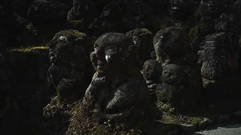 Silent Buddhist Stone Figures in Mossy Woodland Shrine Stock Footage 331557682