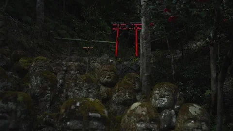 Silent Buddhist Stone Figures in Mossy Woodland Shrine Stock Footage 331557694